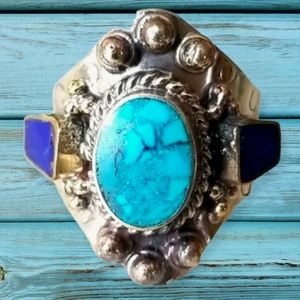 Southwesternn Turquoise and Lapis Adjustable Band Silver Tone Ring Hand Crafted